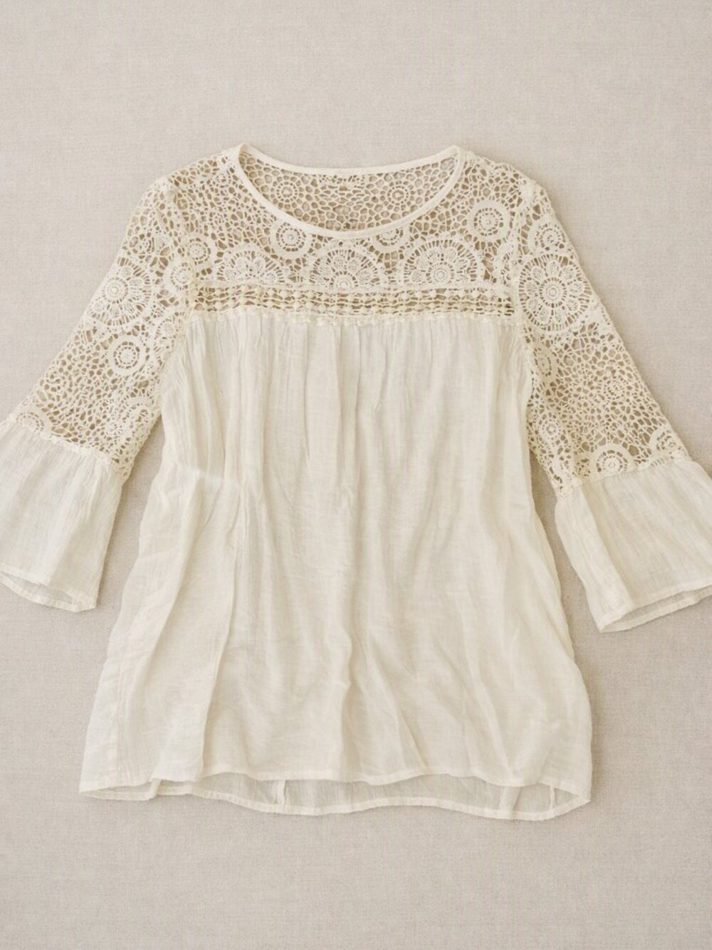 Boho Lace Yoke 3/4 Sleeve Women's Top Large
